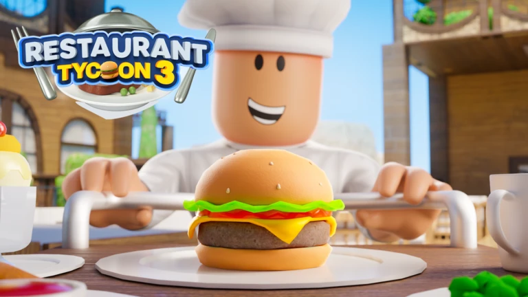 Imagem mostrando o logo do Restaurant Tycoon 3 em destaque, com um fundo de um restaurante moderno e movimentado no jogo.