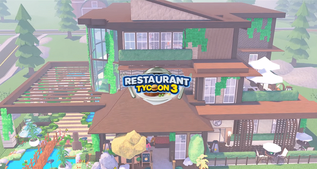 Imagem mostrando o logo do Restaurant Tycoon 3 em destaque, com um fundo de um restaurante moderno e movimentado no jogo.