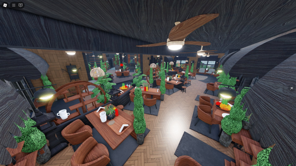 Imagem mostrando o logo do Restaurant Tycoon 3 em destaque, com um fundo de um restaurante moderno e movimentado no jogo.