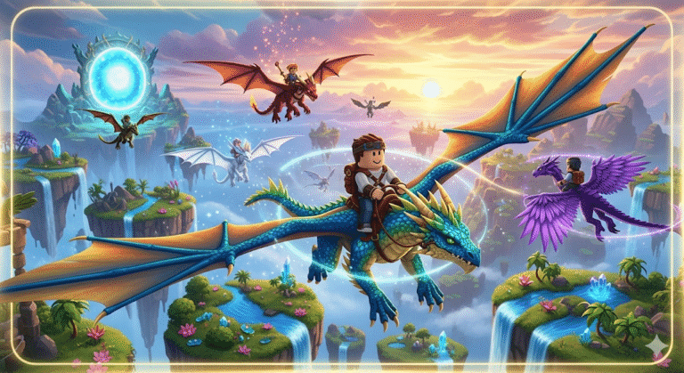 Um jogador voando em um dragão no jogo Dragon Adventures, Ovos de dragão de diferentes espécies e cores em Dragon Adventures, Um covil de dragão em Dragon Adventures com vários dragões voando.