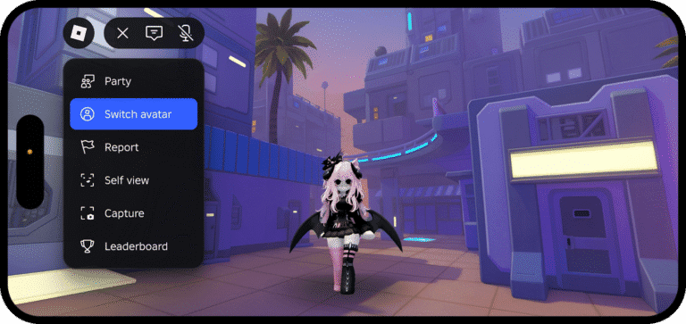 Imagem mostrando a nova interface do Alternador de Avatar dentro de um jogo do Roblox.