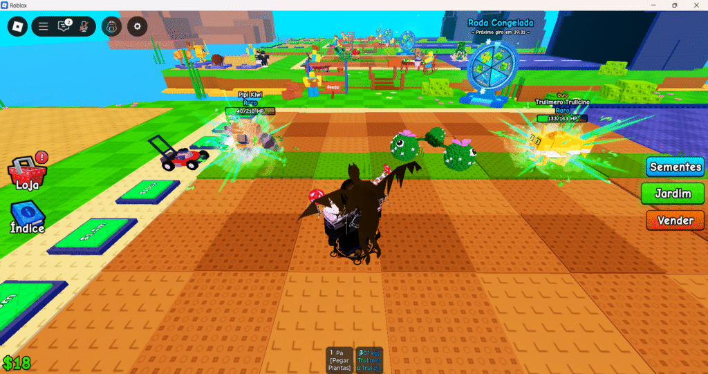 Imagem de um jardim cheio de plantas coloridas no jogo Plants vs Brainrots, defendendo a base.