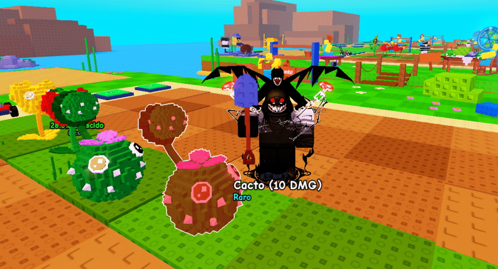 Imagem de um jardim cheio de plantas coloridas no jogo Plants vs Brainrots, defendendo a base.