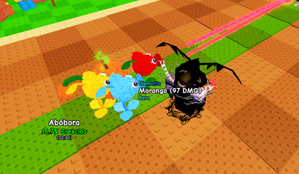 Imagem de um jardim cheio de plantas coloridas no jogo Plants vs Brainrots, defendendo a base.
