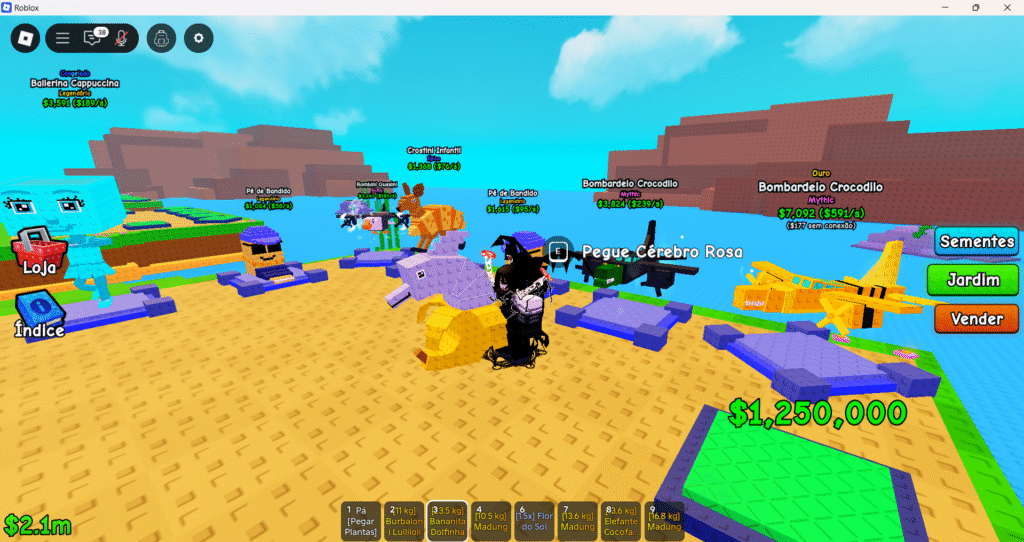 Imagem de um jardim cheio de plantas coloridas no jogo Plants vs Brainrots, defendendo a base.