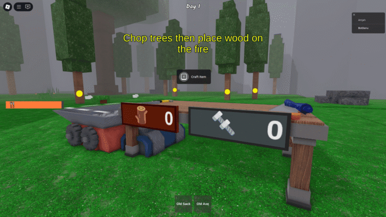 Imagem de uma fogueira no jogo 99 Nights in the Forest com uma vara de relâmpago ao lado.