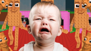 Imagem de um jogador de Roblox com uma expressão dramática de "perda" enquanto um "Brainrot" escapa de suas mãos. O fundo deve ser um cenário caótico e colorido do jogo.