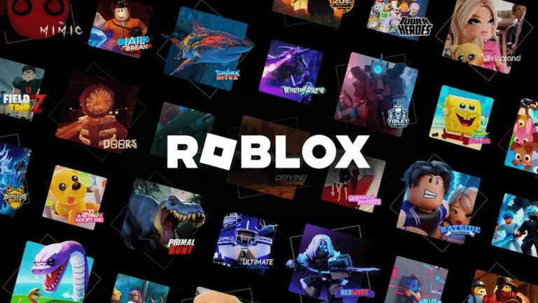 Montagem mostrando as capas dos jogos mais populares do Roblox, incluindo Brookhaven, Blox Fruits e Adopt Me.
