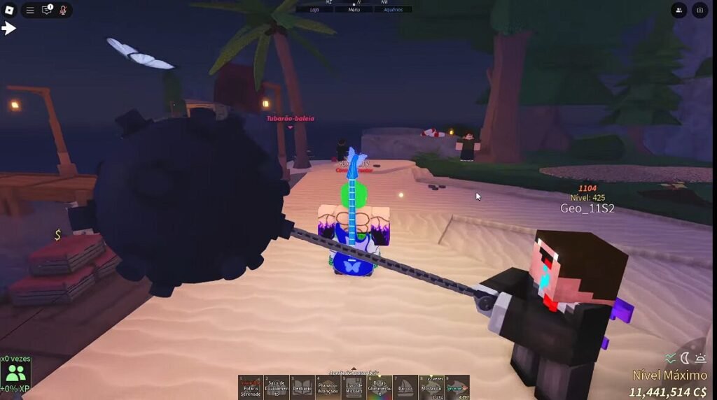 Imagem de um jogador em Fisch segurando a vara "The Boom Ball".