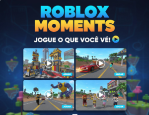 Roblox Moments com vídeos de gameplay e botão Jogar