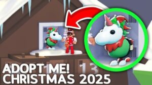 Imagem de capa da atualização de inverno/Natal 2025 de Adopt Me!, com um pet lendário de gelo e elementos festivos.