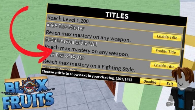 Imagem de um jogador de Blox Fruits exibindo um título raro, com elementos do jogo como frutas do diabo e espadas lendárias ao redor, em um cenário de ilha do jogo.