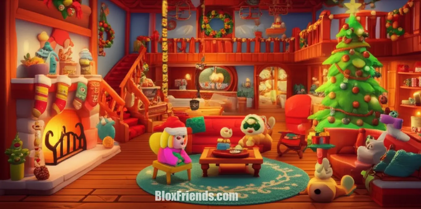 Interior aconchegante de uma casa em Adopt Me! com árvore de Natal, lareira e pets celebrando.
