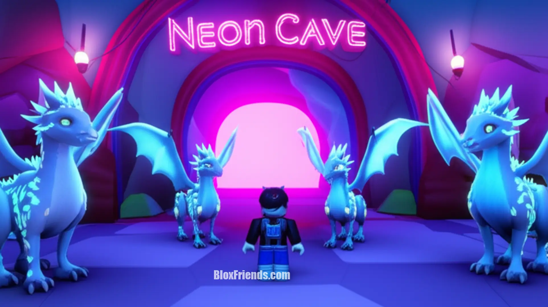 Imagem no meio do post: Um jogador de Adopt Me! com quatro Arctic Dusk Dragons em frente à Neon Cave.