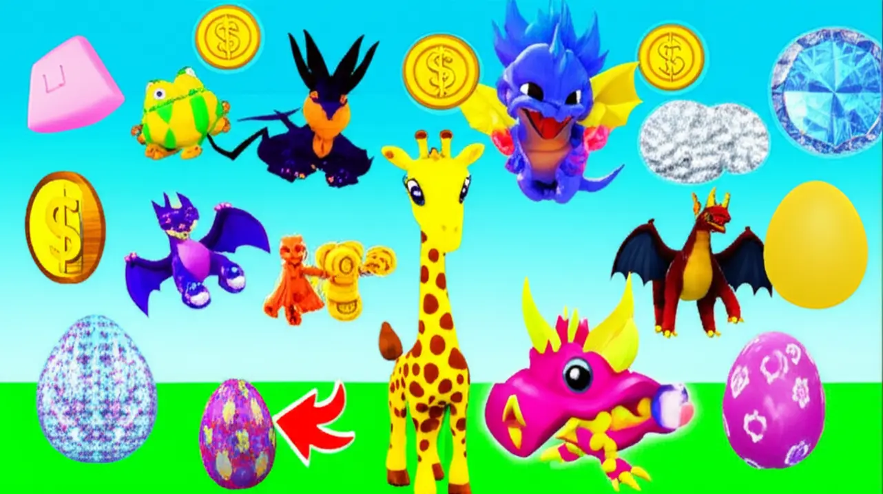 Imagem de pets e ovos raros de Adopt Me!, incluindo Girafa, Bat Dragon e Frost Dragon, com moedas e diamantes.