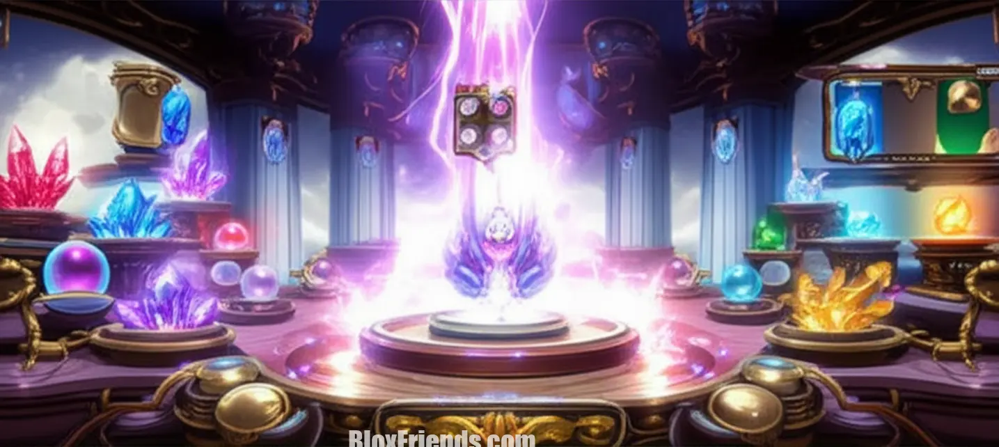 Imagem de uma bancada de evolução em Anime Vanguards com cristais e orbes.