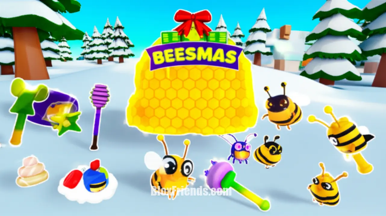 Meio: Itens e recompensas exclusivas do Beesmas, como abelhas raras e ferramentas especiais, dispostas em um fundo de neve no Bee Swarm Simulator.