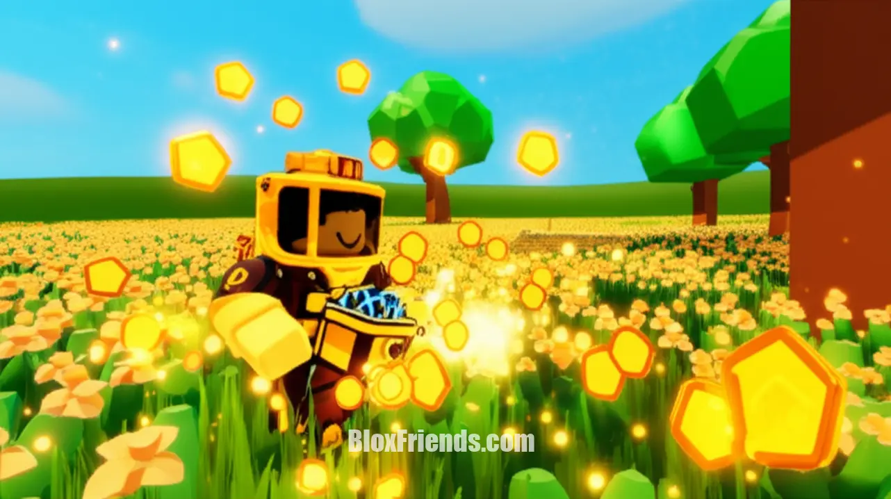 Avatar de Roblox em traje de apicultor avançado, coletando pólen em um campo de Bee Swarm Simulator, com efeitos visuais de mel e flores.