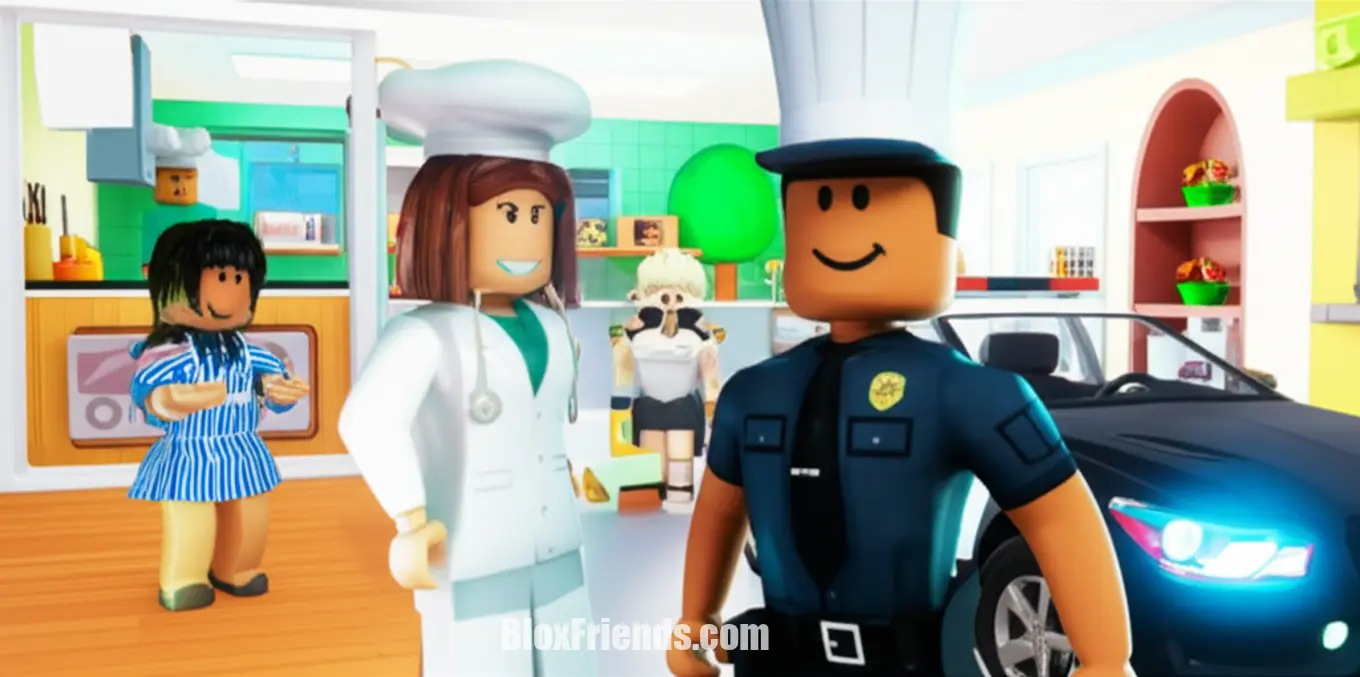 Vários personagens Roblox trabalhando em diferentes profissões em Berry Avenue RP.