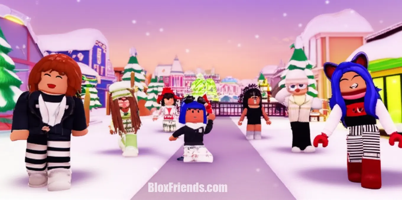 Grupo de avatares no Berry Avenue RP mostrando diferentes combinações de roupas de inverno, interagindo na neve.