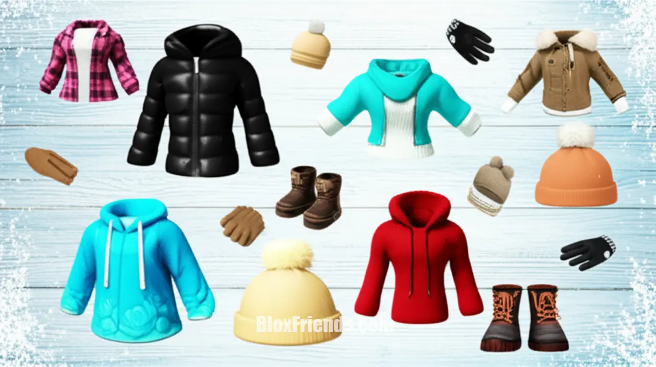 Coleção de roupas e acessórios de inverno do Roblox para Berry Avenue em flat lay