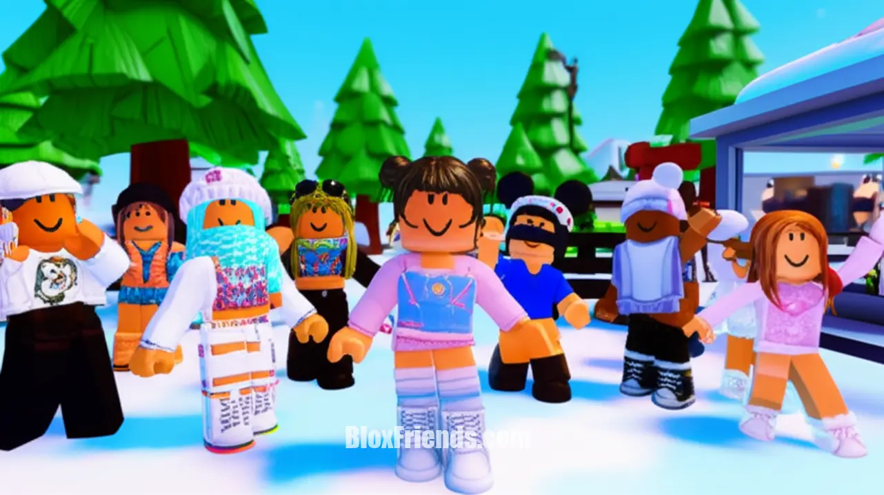 Coleção de avatares de Roblox em Berry Avenue mostrando diversas opções de moda de inverno, incluindo jaquetas puffer, suéteres e acessórios em tons pastel e vibrantes.