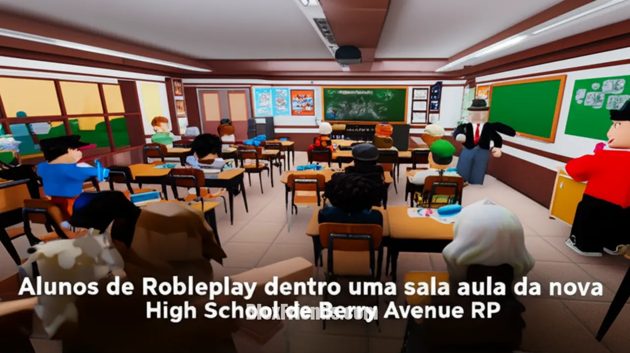Cena de roleplay de sala de aula na nova High School de Berry Avenue RP com personagens Roblox