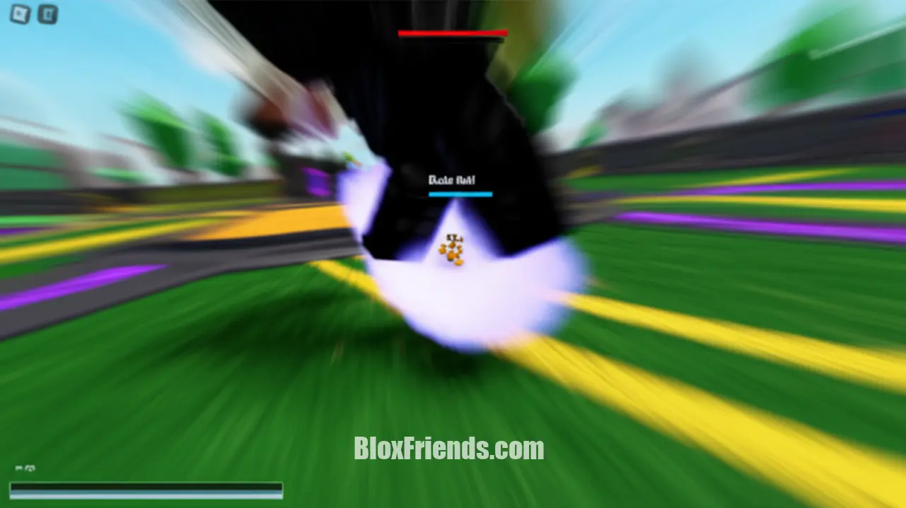 Pés de um avatar de Roblox executando um desvio rápido em Blade Ball, mostrando agilidade e foco na movimentação.
