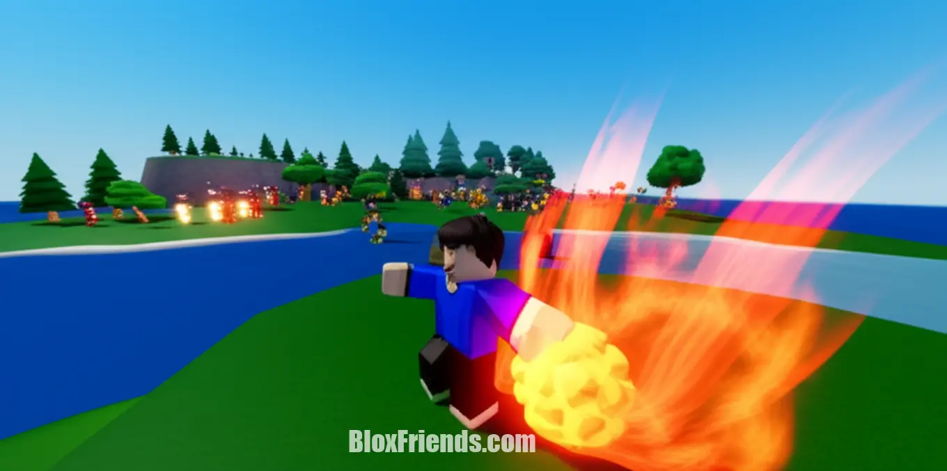 Personagem de Blox Fruits usando uma fruta Logia para farmar inimigos facilmente no Primeiro Mar.