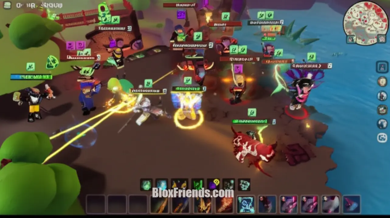 Vista aérea de jogadores farmando maestria em Hydra Island no Blox Fruits, com muitos NPCs e efeitos de habilidades.