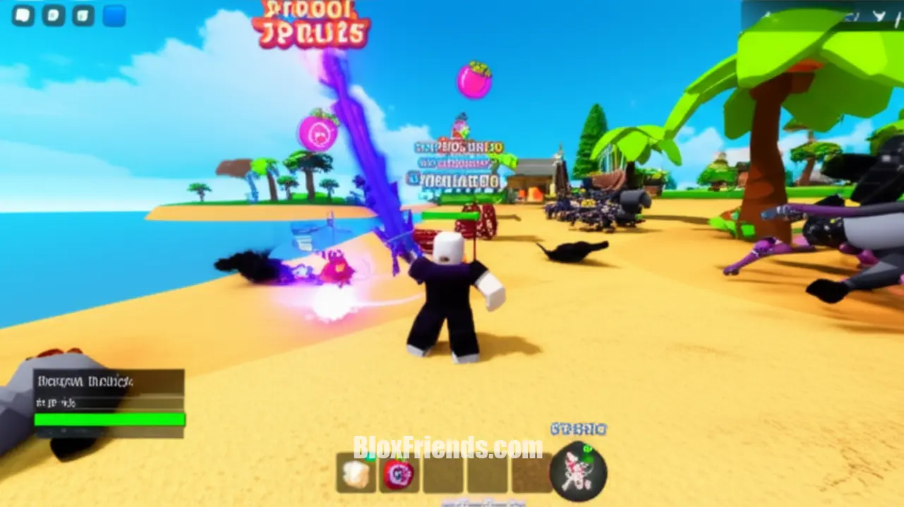 Imagem de um personagem Roblox em Blox Fruits no meio de um combate intenso em uma ilha tropical, farmando maestria com habilidades de fruta e espada.