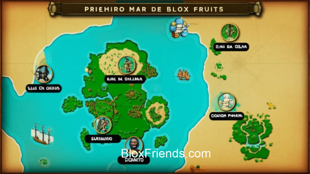 Um mapa ilustrado do Primeiro Mar de Blox Fruits, destacando as ilhas importantes e rotas para jogadores iniciantes.