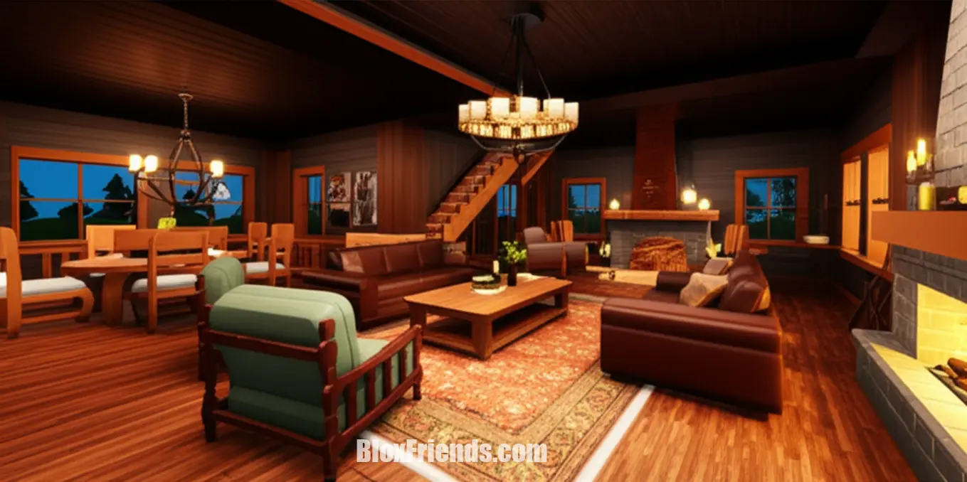 Interior decorado da Casa de Fazenda em Brookhaven RP, mostrando sala de estar aconchegante.