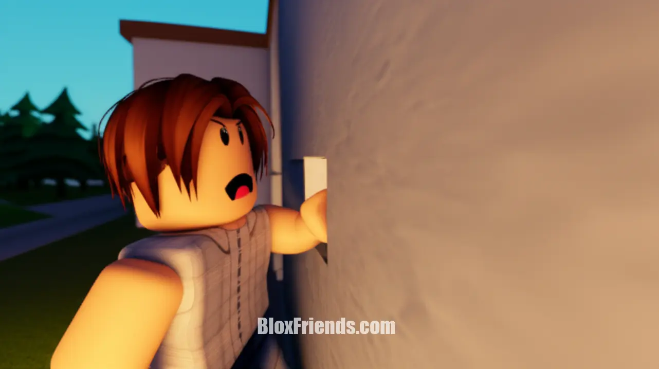 Imagem de um avatar de Roblox em Brookhaven RP explorando um local secreto, como uma parede falsa ou passagem escondida, simbolizando a busca por segredos.