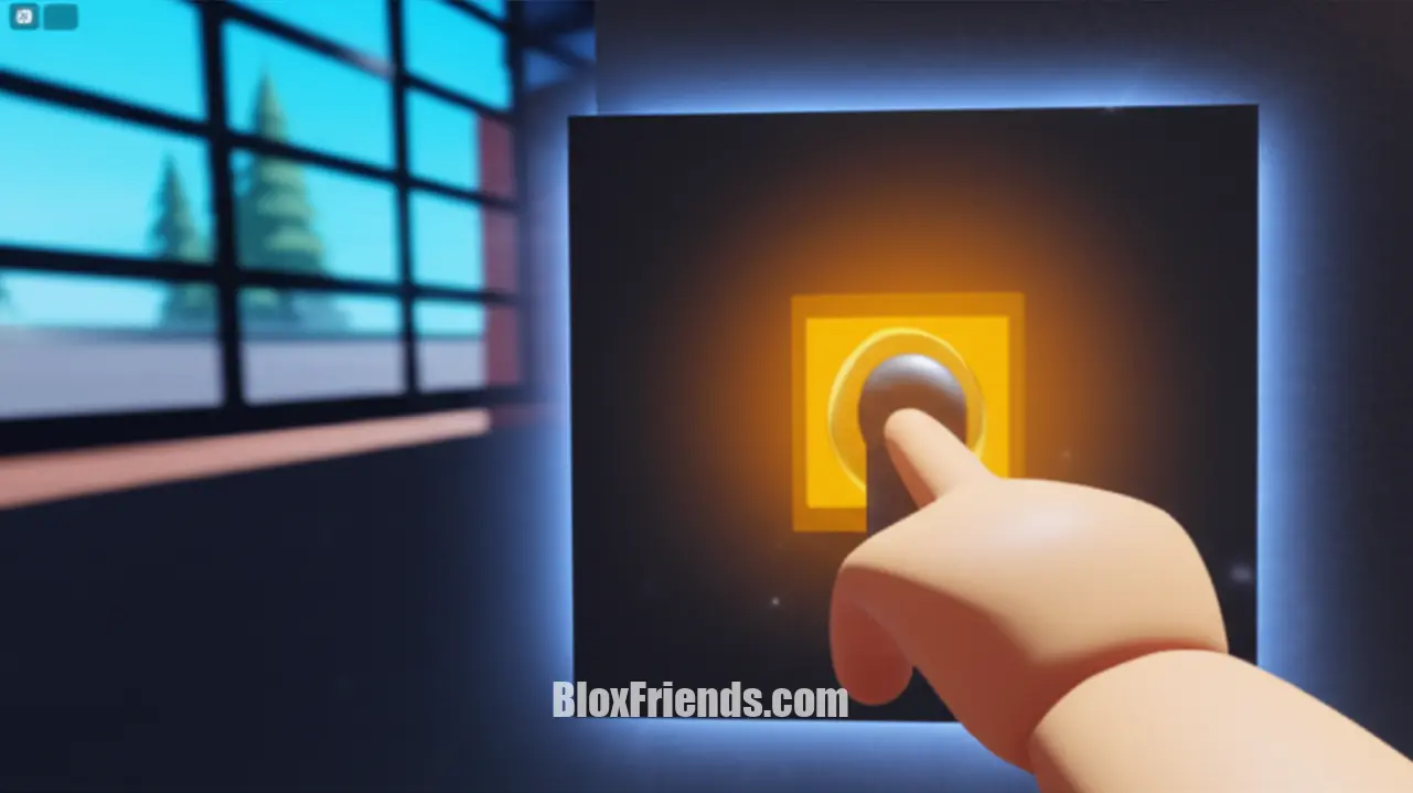 Imagem de um jogador de Roblox em Brookhaven RP encontrando um botão secreto ou uma passagem escondida em uma parede de uma casa.