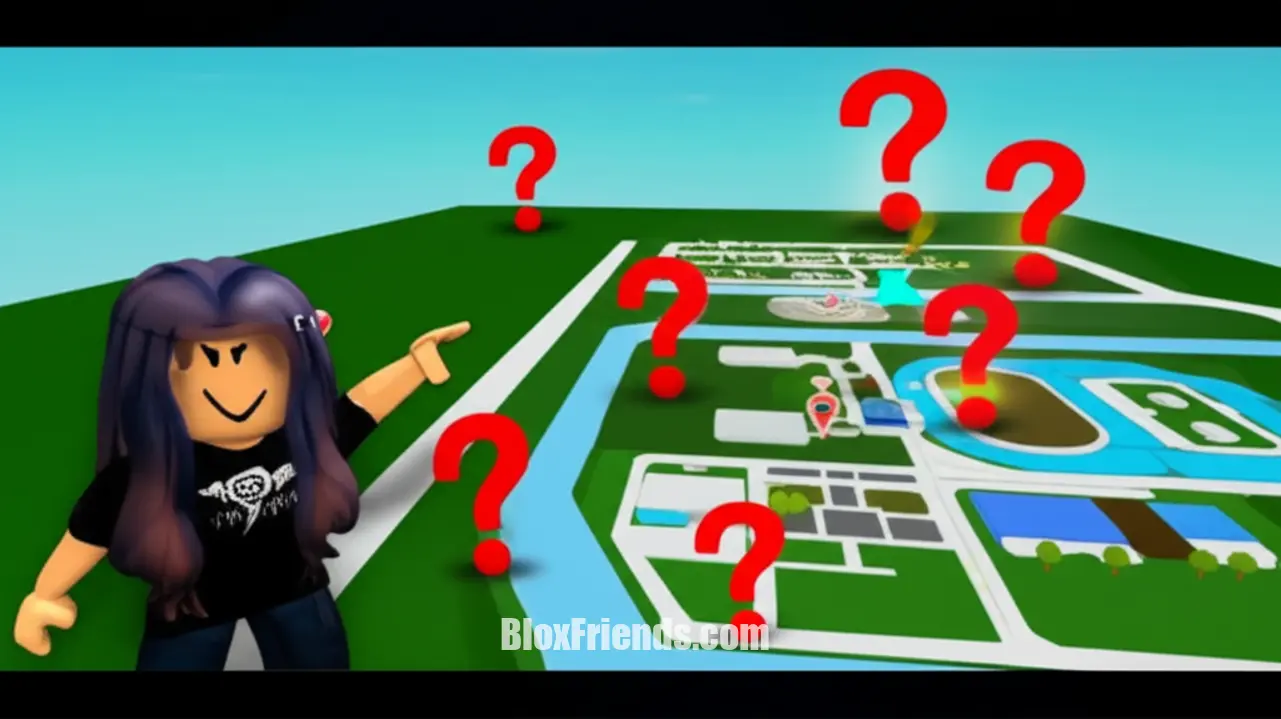 Imagem de um mapa estilizado de Brookhaven RP com marcações de 'segredos' e um personagem Roblox apontando para um local oculto, ilustrando a busca por segredos no jogo.