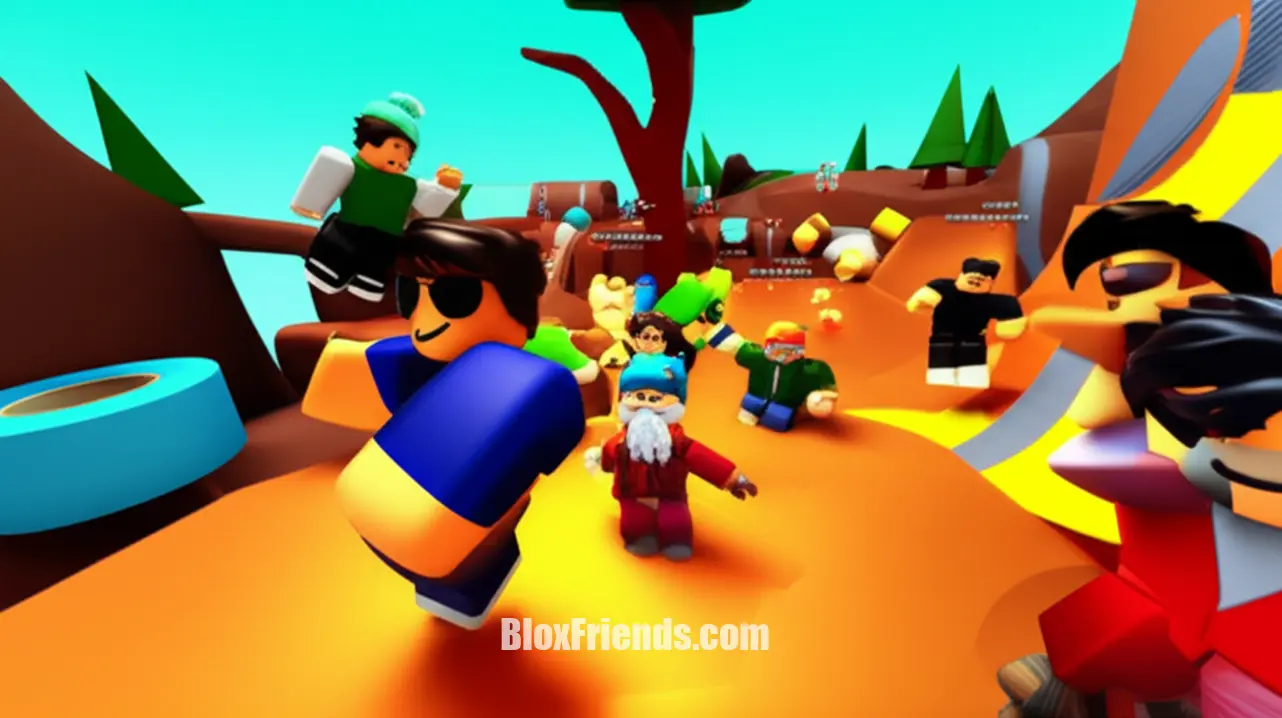 Cena de jogo Roblox com avatares colaborando em um desafio com fita adesiva