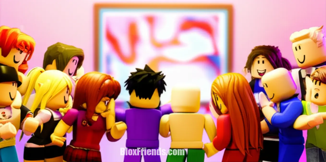 Avatares Roblox reunidos, sussurrando e apontando para uma imagem borrada em uma tela, simulando um segredo compartilhado.