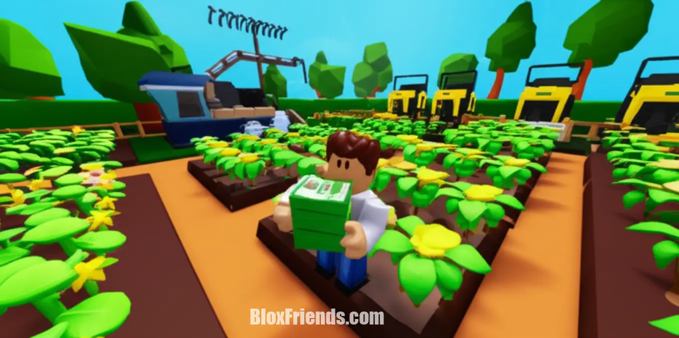 Imagem de um jogador em Garden Tycoon com muito dinheiro e equipamentos de automação, simbolizando expansão rápida e riqueza.