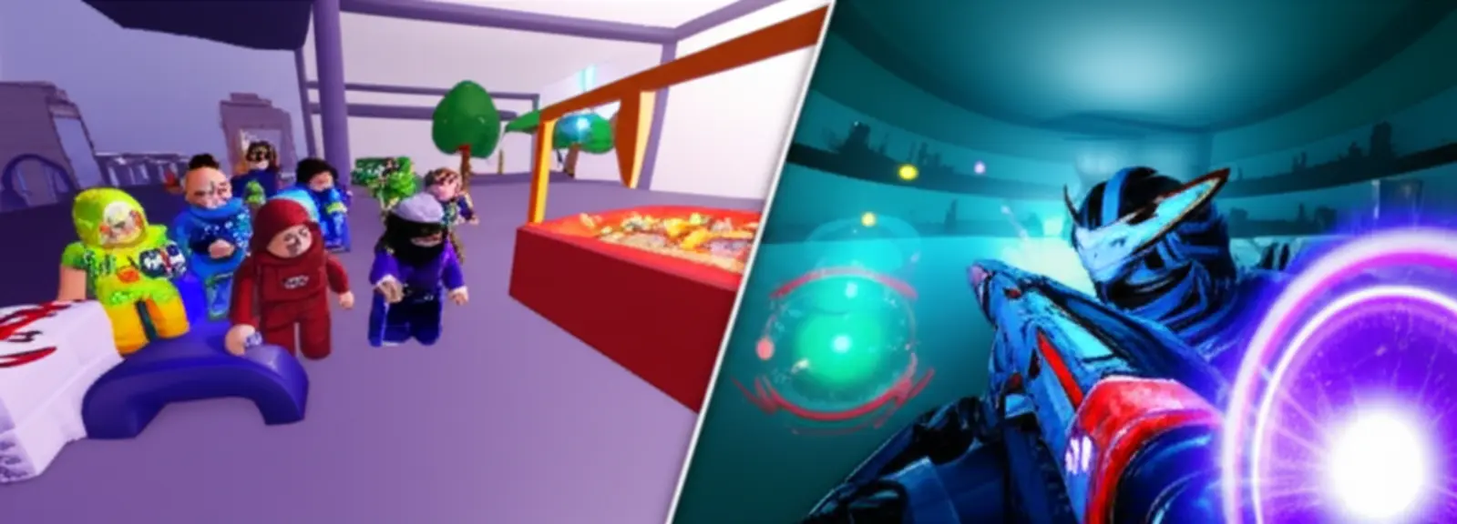 Imagem dividida mostrando Hiders Roblox camuflados e um Hunter Roblox usando uma habilidade de detecção.