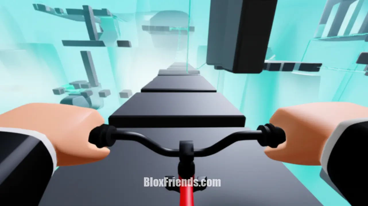 Close-up of Roblox character's hands on bike handlebars, navigating a narrow platform in an Obby, focused precision