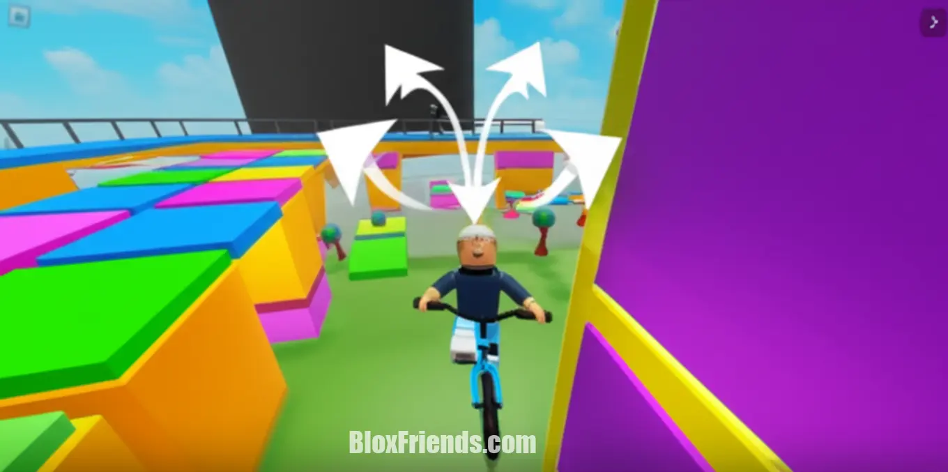 Personagem Roblox em bicicleta em obby complexo, com setas de trajetória de salto