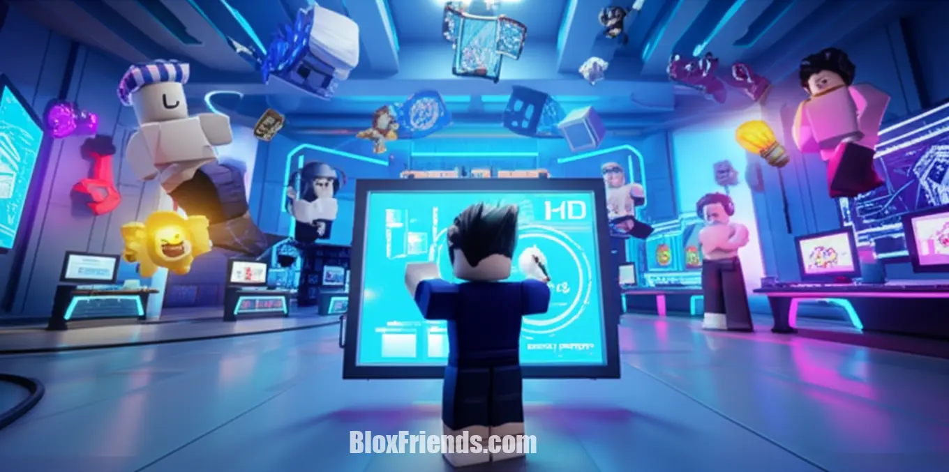 Imagem de um estúdio de animação Roblox futurista com o avatar de ObliviousHD, simbolizando a criação de novas animações.