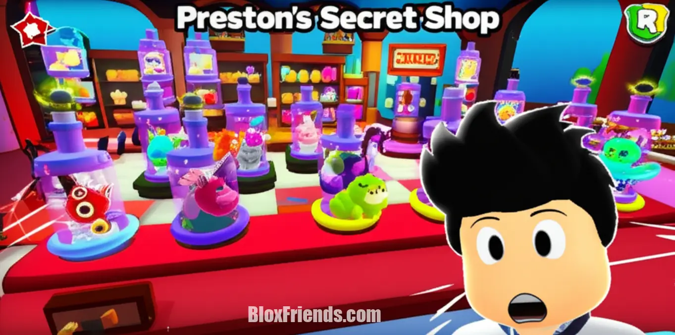 Imagem de dentro da Loja Secreta do Preston em Pet Simulator 99, mostrando itens valiosos e pets.