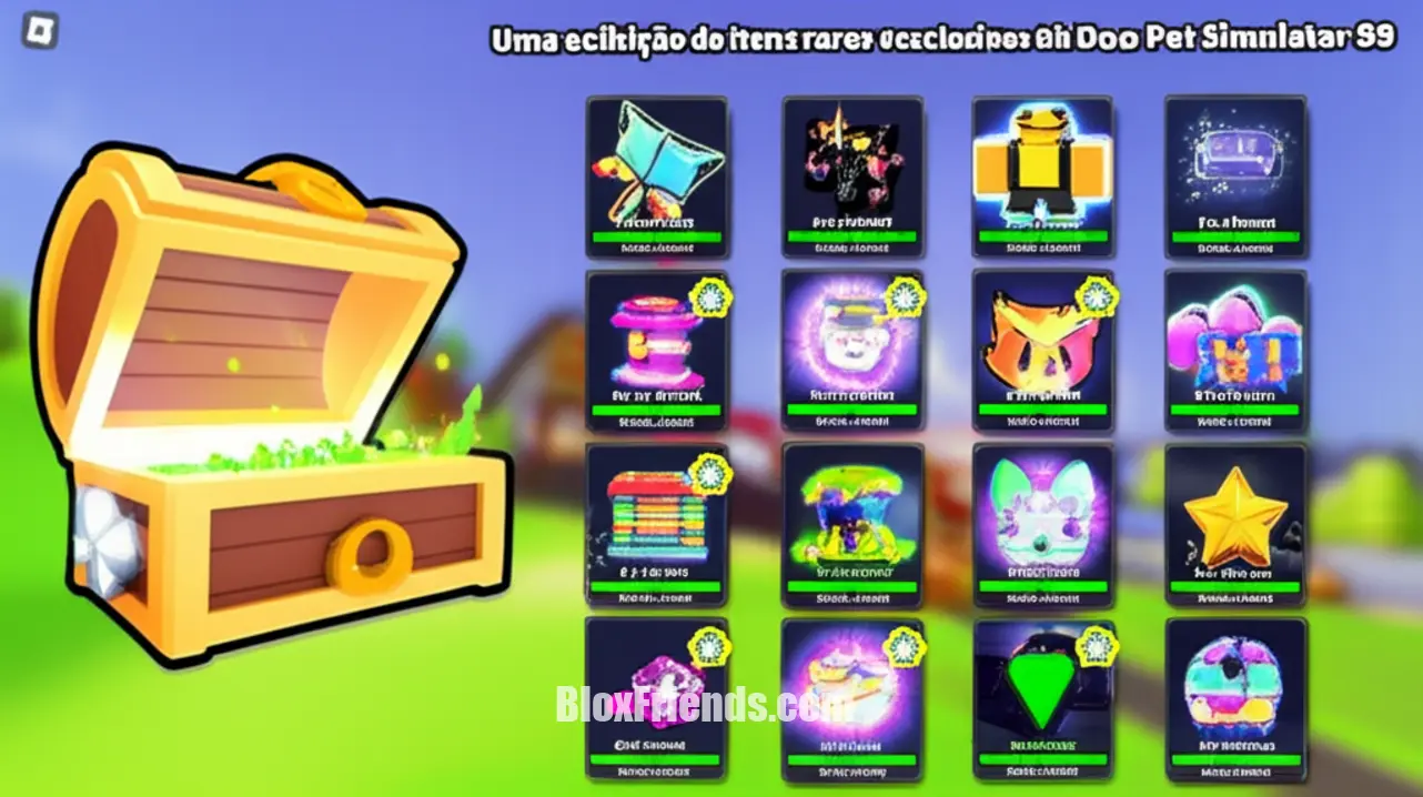 Exibição de pets raros e itens exclusivos com brilho no jogo Pet Simulator 99, em uma interface de inventário.