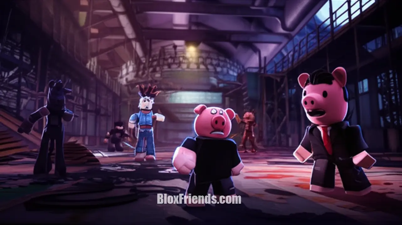 Cena do jogo Piggy no Roblox, mostrando o confronto com Mr. P em sua forma distorcida.