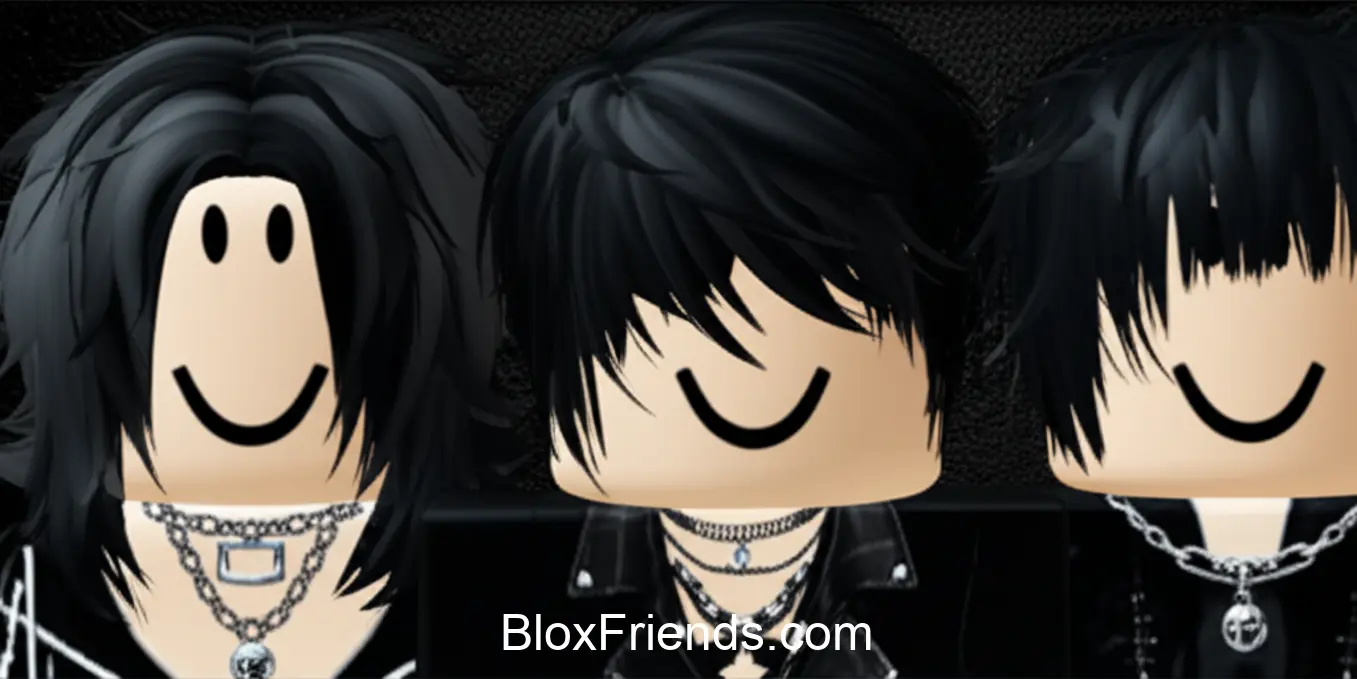 Detalhe de itens de avatar Roblox, como cabelo preto espetado, maquiagem escura e acessórios de metal, em um estilo Emo ou Gótico.