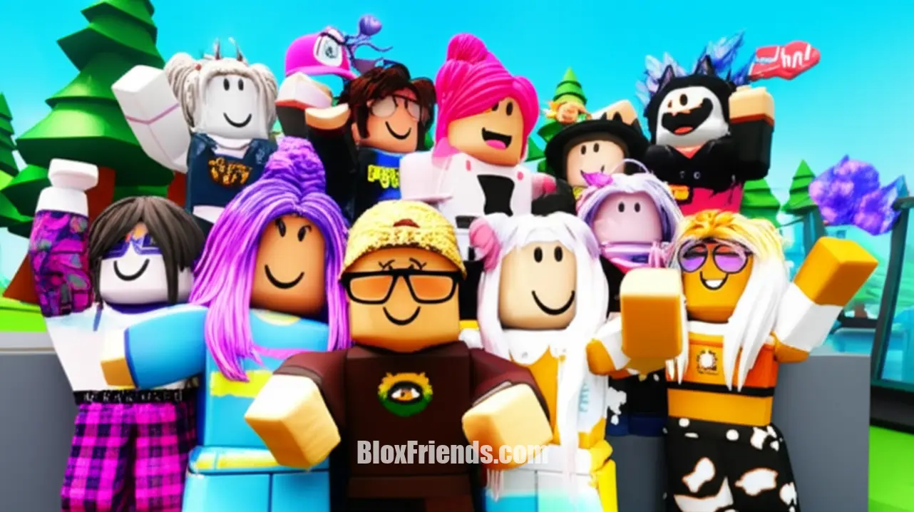 Grupo de avatares Roblox exibindo itens UGC gratuitos em um jogo