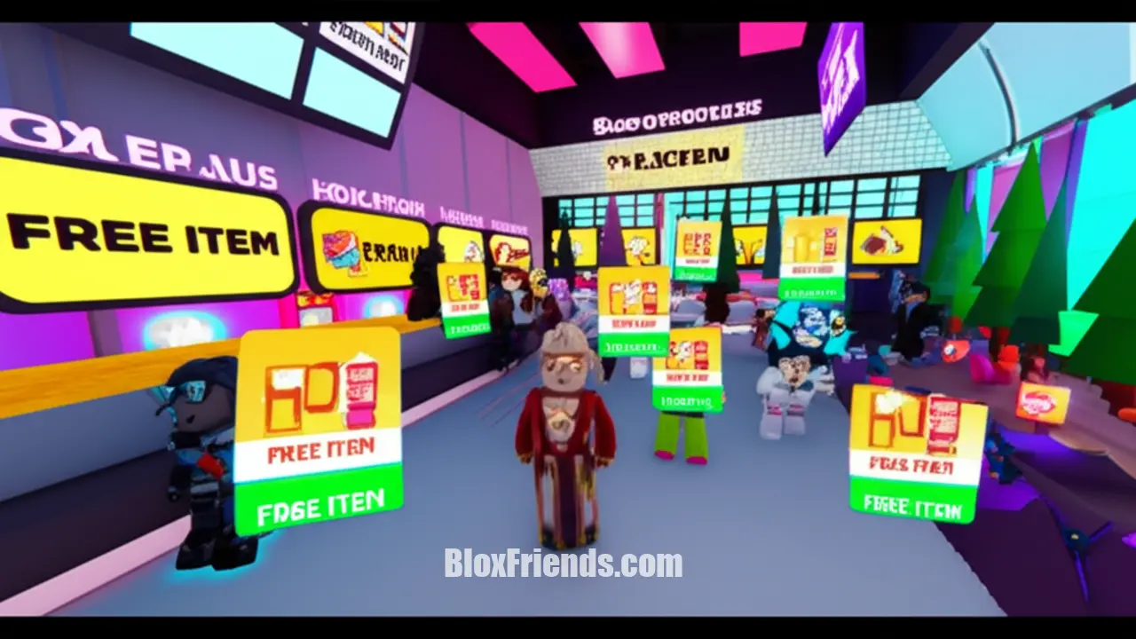 Jogadores Roblox coletando itens UGC gratuitos em um evento dentro do jogo.
