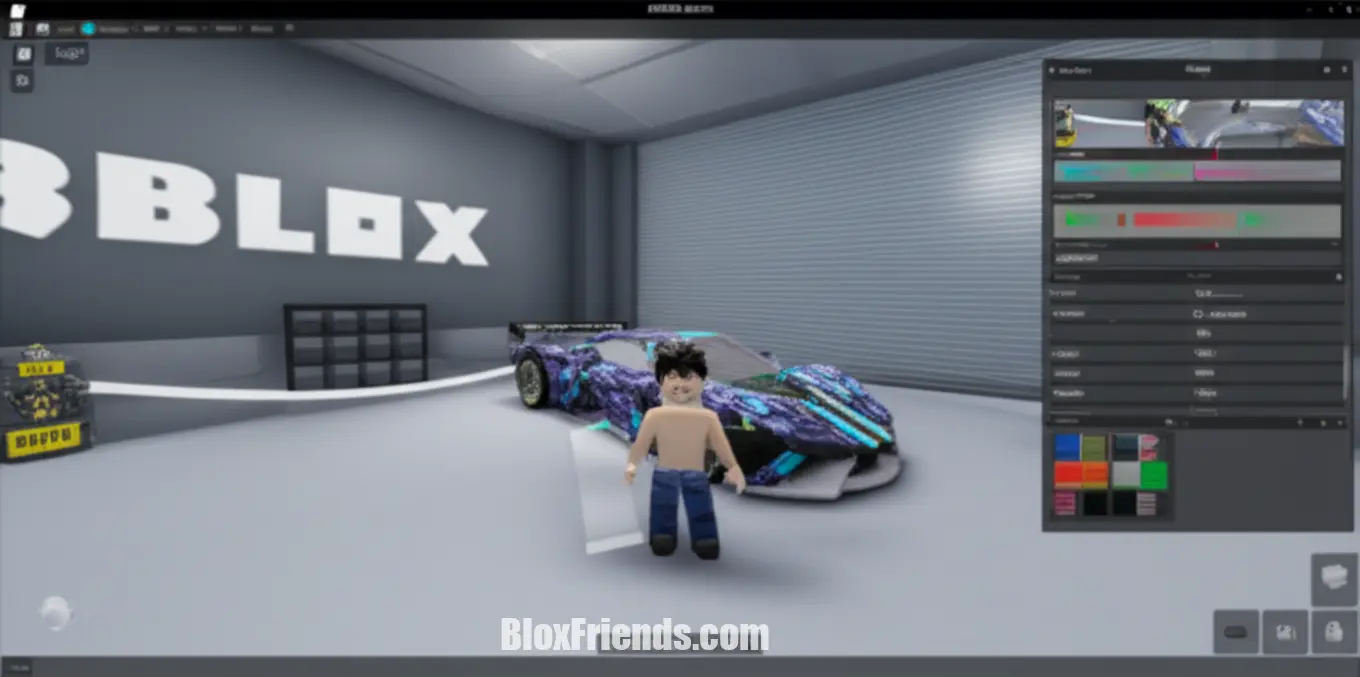 Personagem Roblox personalizando um carro de corrida em uma oficina virtual dentro do Roblox Studio